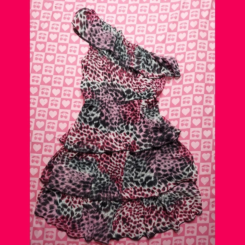 wet n wild One-Shoulder Ruffled Dress in Pink and Black Leopard Print